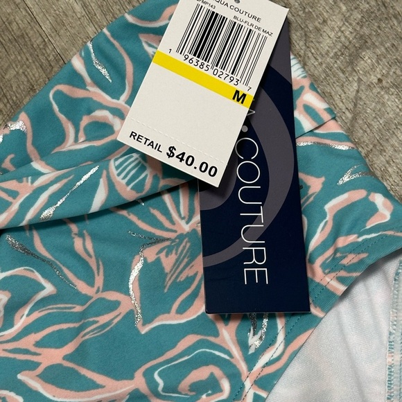 Aqua Couture Medium Swim Bikini Bottom Hipster Flowers Tropical Teal Swimwear - Picture 5 of 8